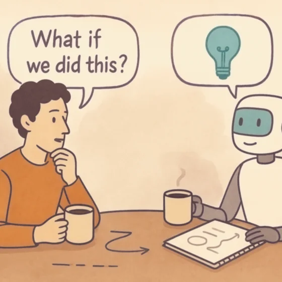 Cartoon of a person and a robot sitting at a table, the person asking ‘What if we did this?’ with a lightbulb symbol above.