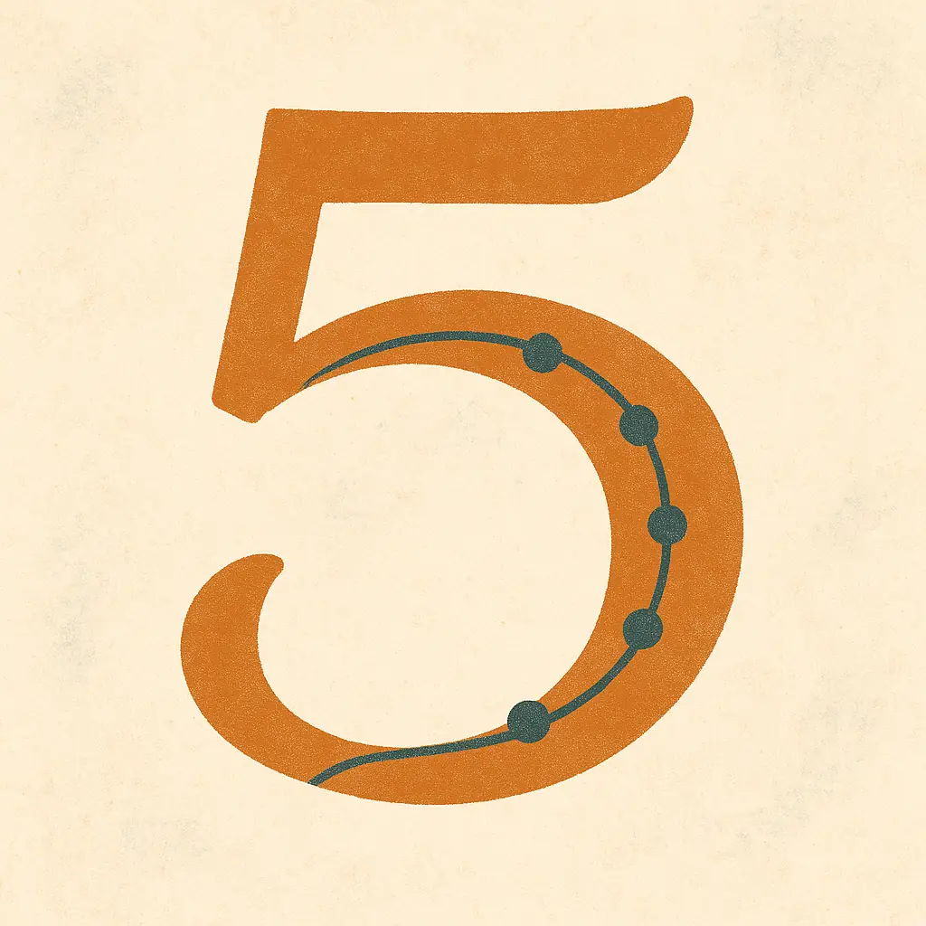 Hand-drawn illustration of a large burnt-orange number 5 on a textured parchment background. A teal winding path with five circular markers weaves through the shape, symbolising the five stages of the story arc.