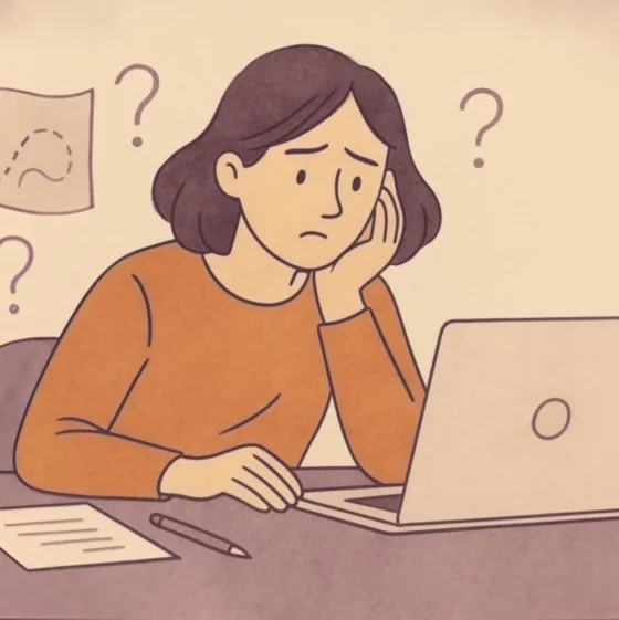 Illustration of a woman at her laptop, looking uncertain. A map and question marks float around her, symbolising hesitation.