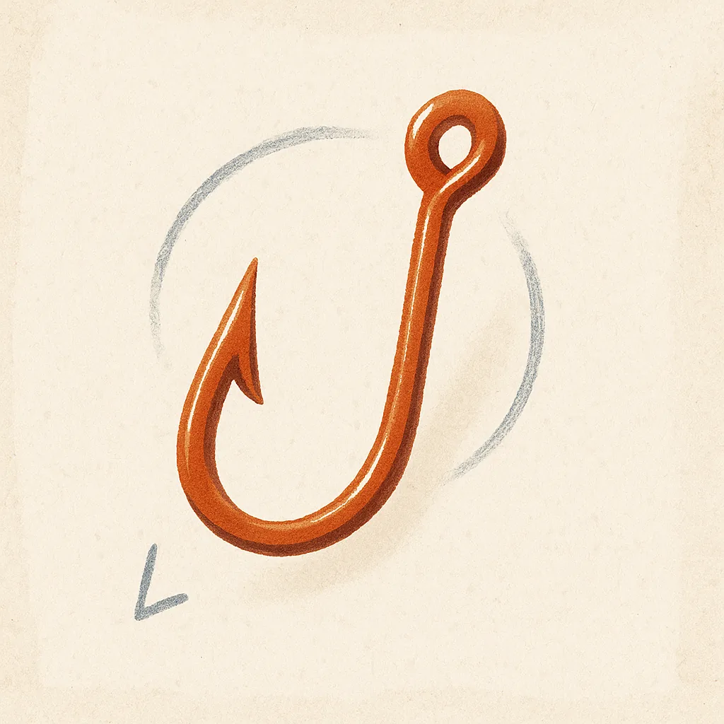 Stylised illustration of a single burnt-orange fish hook on a textured cream background, with subtle hand-drawn circular marks suggesting motion or focus. The image represents the idea of capturing attention or finding a message that sticks.