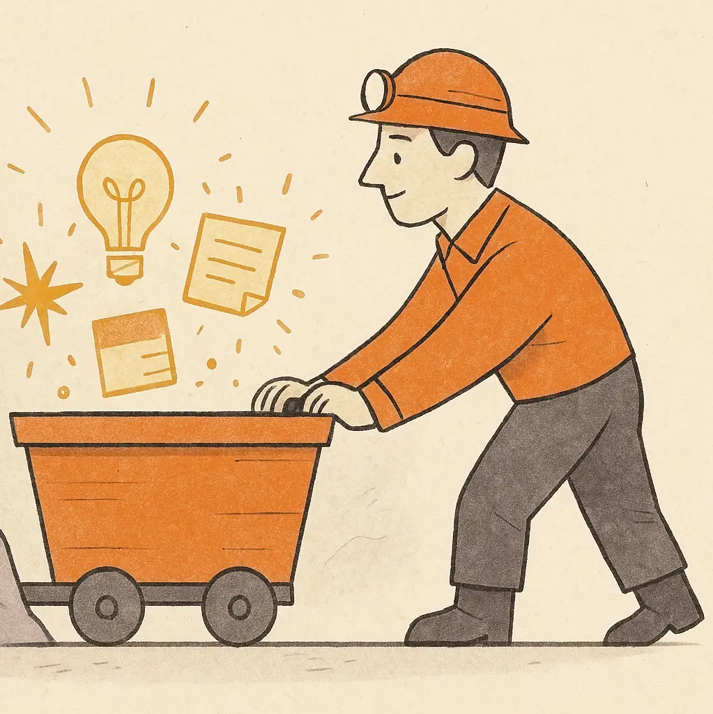 Stylised illustration of a miner pushing a cart filled with glowing ideas - lightbulbs, notes, and sparks symbolising hidden creativity being unearthed. Muted parchment background with burnt orange accents.