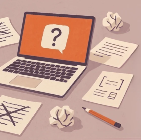 A stylised digital illustration of a laptop surrounded by crossed-out drafts and crumpled paper on a muted mauve desk. The laptop screen shows a burnt orange background with a white speech bubble containing a question mark. Around it lie handwritten pages, some with large X marks, and a pencil angled across a partially written note. The artwork uses flat shapes, soft textures, and a calm, reflective tone with a sketchbook-style layout.