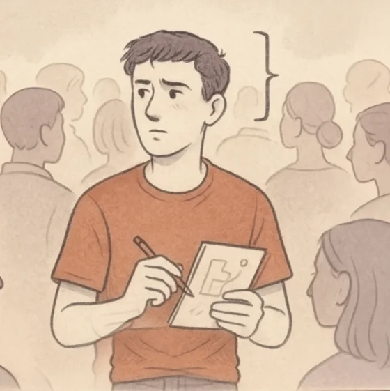 A reflective figure stands apart from a blurred crowd in a soft, textured setting. Muted tones of parchment and grey are accented with a single note of burnt orange. The illustration uses clean lines and subtle shading, evoking quiet focus and the feeling of having something meaningful to say even if no one’s listening yet.