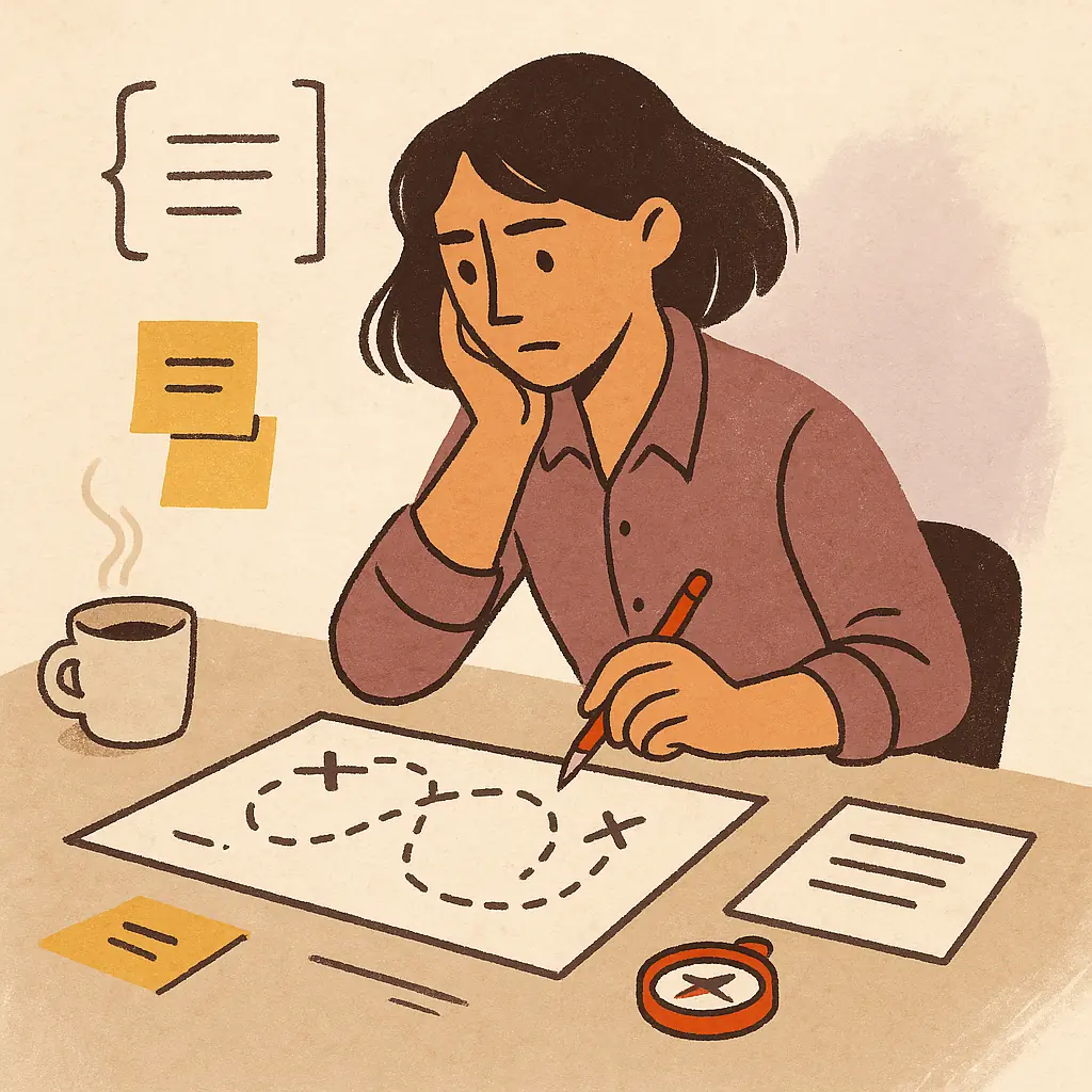 Illustrated figure at a desk, thoughtfully studying a content map. A compass, sticky notes, and a cup of coffee surround her. The scene is soft and textured, evoking quiet focus and early-stage idea planning.