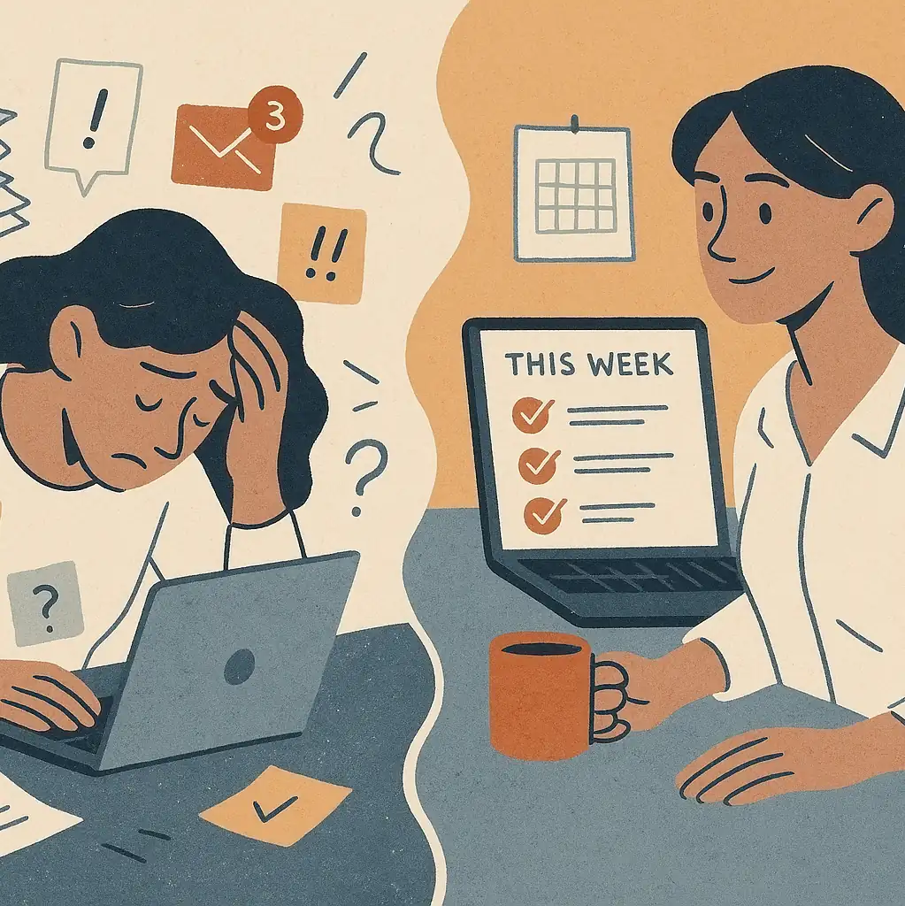 Illustrated split scene of the same woman at her desk. On the left, she looks stressed with her head in her hand, surrounded by scattered papers, question marks, and notification icons. On the right, she sits calmly with a coffee, her laptop showing a tidy checklist titled “This Week.” The artwork uses muted tones with a burnt orange accent, conveying a shift from overwhelm to organised clarity.