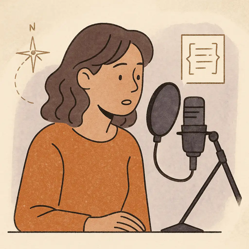 Stylised illustration of a person speaking into a stand-mounted microphone with a pop filter, seated at a desk. The background includes abstract symbols like a compass and a sheet of notes, suggesting rehearsal and guidance.