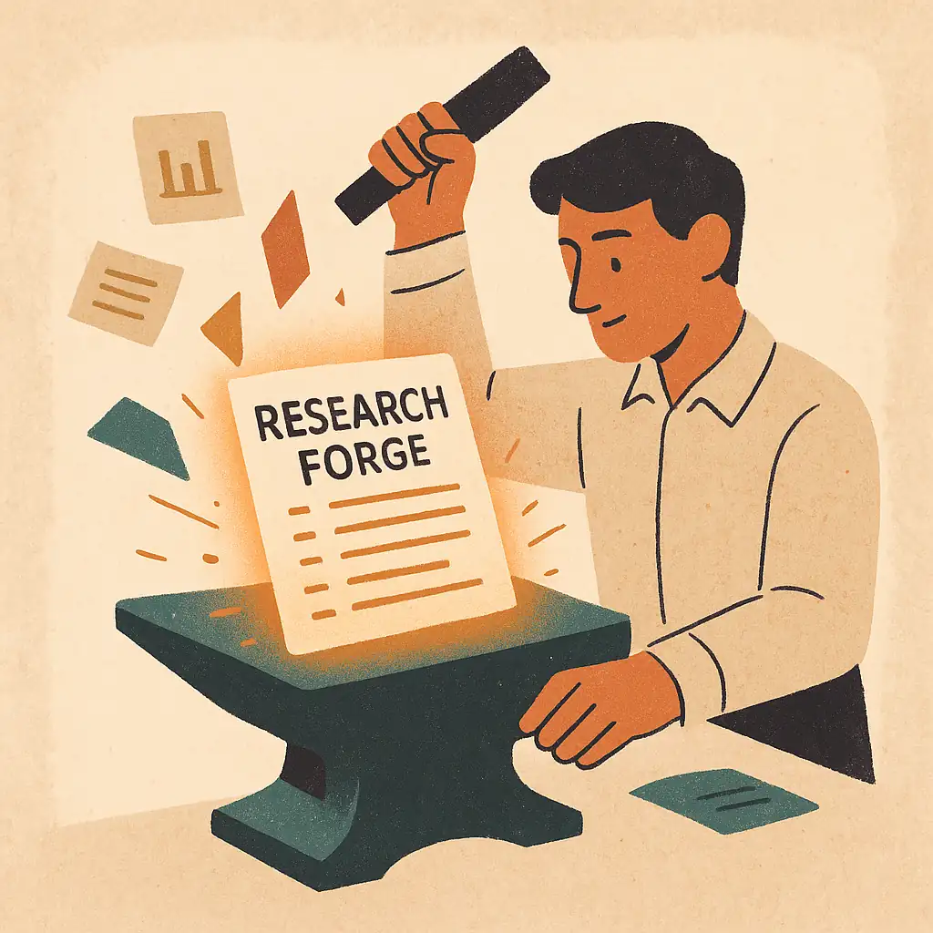 Illustration of a researcher forging a glowing document labelled “Research Forge” on an anvil.