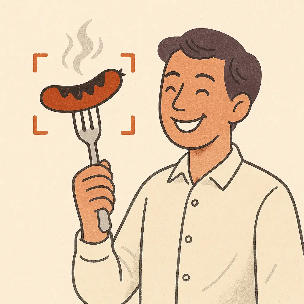 Illustration of a smiling man holding a steaming sausage on a fork. The sausage is slightly charred and framed by burnt orange brackets, suggesting focus or analysis. The man wears a light shirt and stands against a textured, parchment-colored background with a calm, editorial feel.