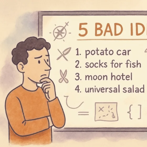 Cartoon of a person thoughtfully considering a whiteboard listing five humorous ‘bad ideas’ like potato cars and moon hotels.